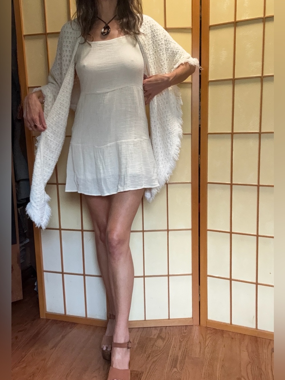 Coquette Babydoll Mini Dress Cream Tiered Gauze Square Neck H&M Divided S